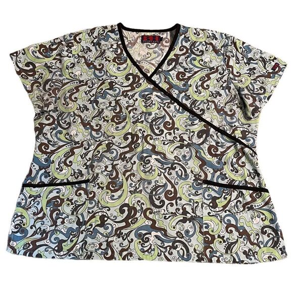 Beverly Hills Green and Brown Swirled Scrub Top - Picture 1 of 6